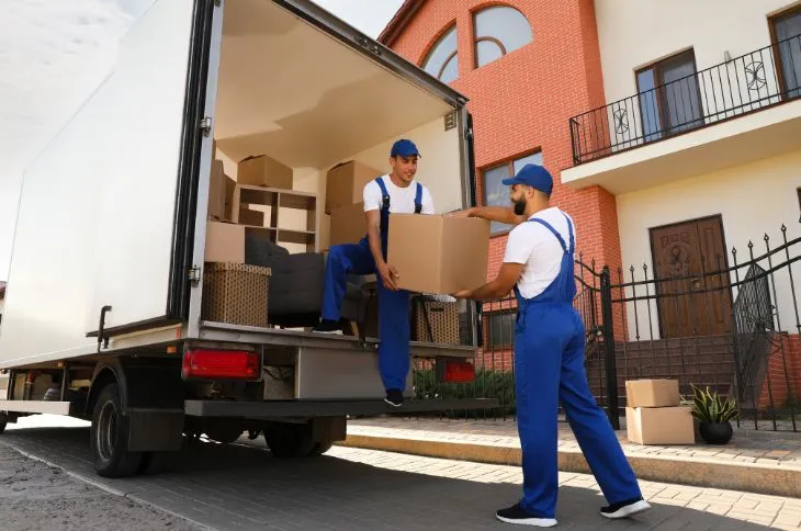 Ausladen der Umzugskartons mit Umzugshelfern Ausladen der Umzugskartons mit Umzugshelfern